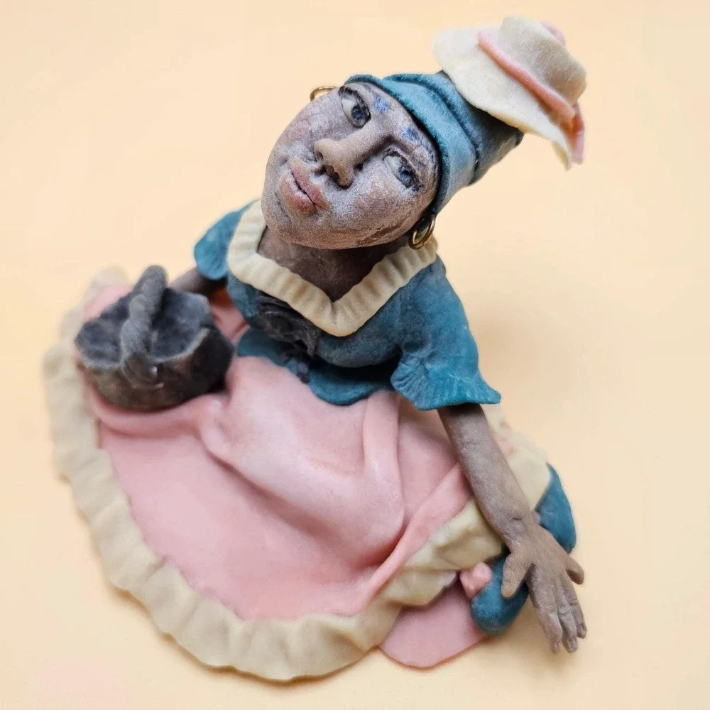 Artisan Signed Limited Edition Figurine Woman Basket Straw Hat Handcrafted RARE